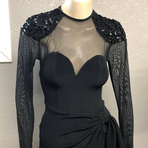 Vintage 90s Illusion Lace Wrap Lycra Cocktail Dress, 90s Sequin Net Bodycon Gown - Picture 2 of 6